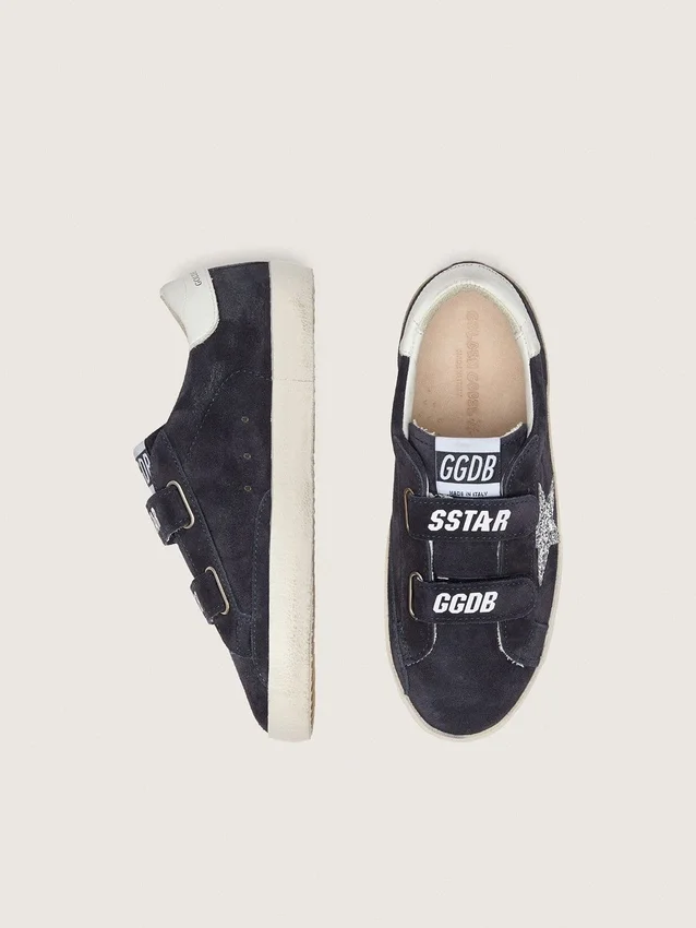 Zapatillas Young Old School en gamuza azul con estrella plateada con purpurina y lengüeta de cuero blanco en el talón