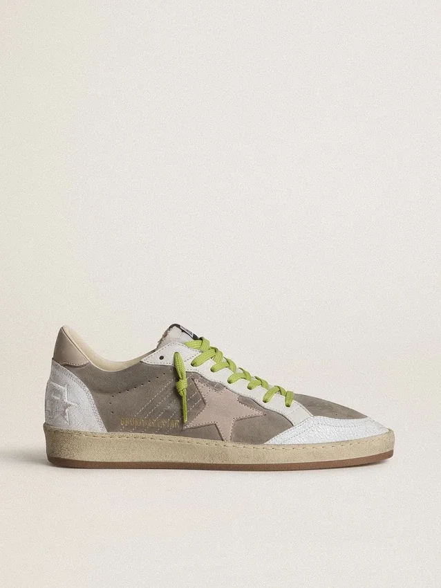 Zapatos Ball Star para hombre en gamuza gris con estrella de gamuza rosa antiguo y lengüeta del talón de cuero beige