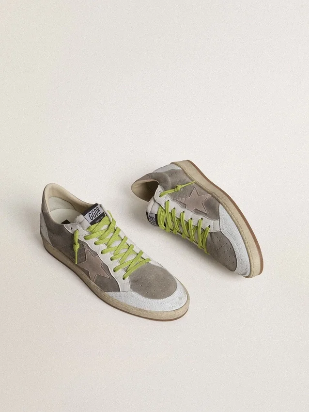 Zapatos Ball Star para hombre en gamuza gris con estrella de gamuza rosa antiguo y lengüeta del talón de cuero beige