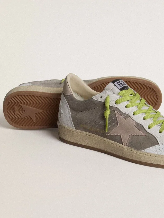 Zapatos Ball Star para hombre en gamuza gris con estrella de gamuza rosa antiguo y lengüeta del talón de cuero beige