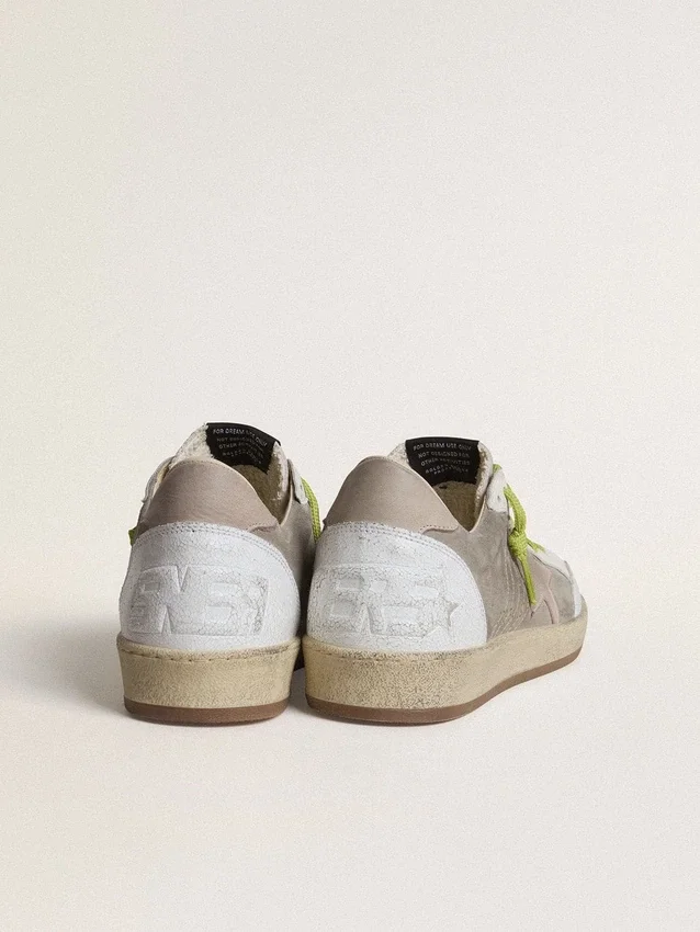 Zapatos Ball Star para hombre en gamuza gris con estrella de gamuza rosa antiguo y lengüeta del talón de cuero beige
