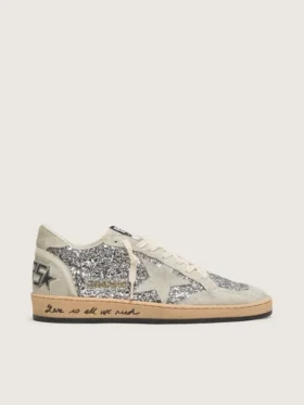 Zapatos Ball Star para mujer en brillo plateado con inserciones de gamuza gris hielo