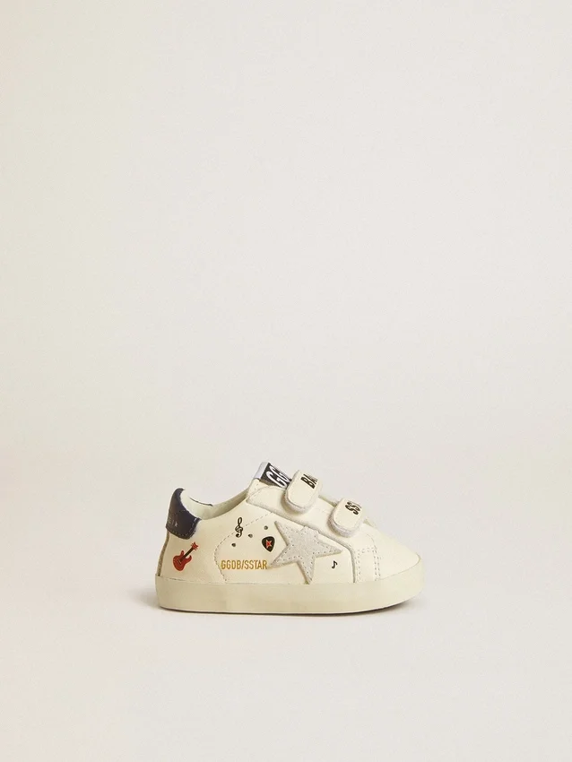 Zapatos escolares para bebé en piel napa con estampado musical y estrella de gamuza blanca