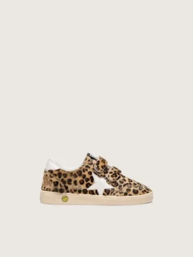 Zapatos Junior Ball Star en piel de potro con estampado de leopardo, estrella de cuero blanco y lengüeta en el talón
