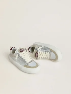 Zapatos Space-Star Cube para mujer en cuero gris hielo y plateado con lengüeta del talón en color burdeos