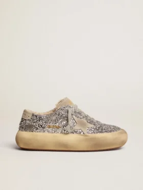 Zapatos Space-Star para mujer en brillo plateado con forro de piel de oveja