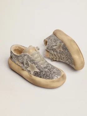 Zapatos Space-Star para mujer en brillo plateado con forro de piel de oveja