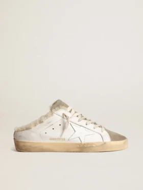 Zapatos tipo Super-Star Sabot con estrella de cuero blanco y forro de piel de oveja